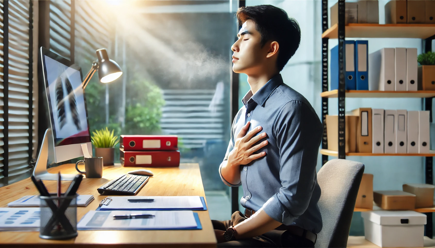 person sitting at a desk in an office setting, taking a deep breath to calm themselves