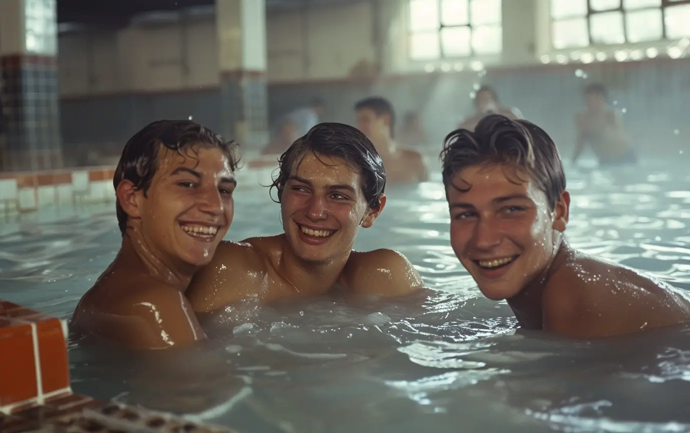 happy young men soviet sanitorium mud bath 