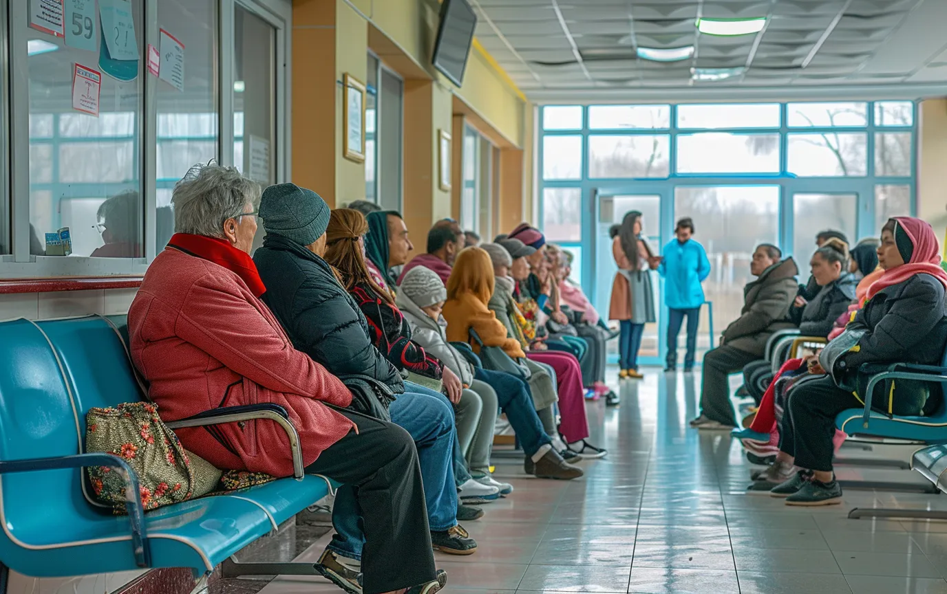 Ukraine people waiting hallway hospital see doctor