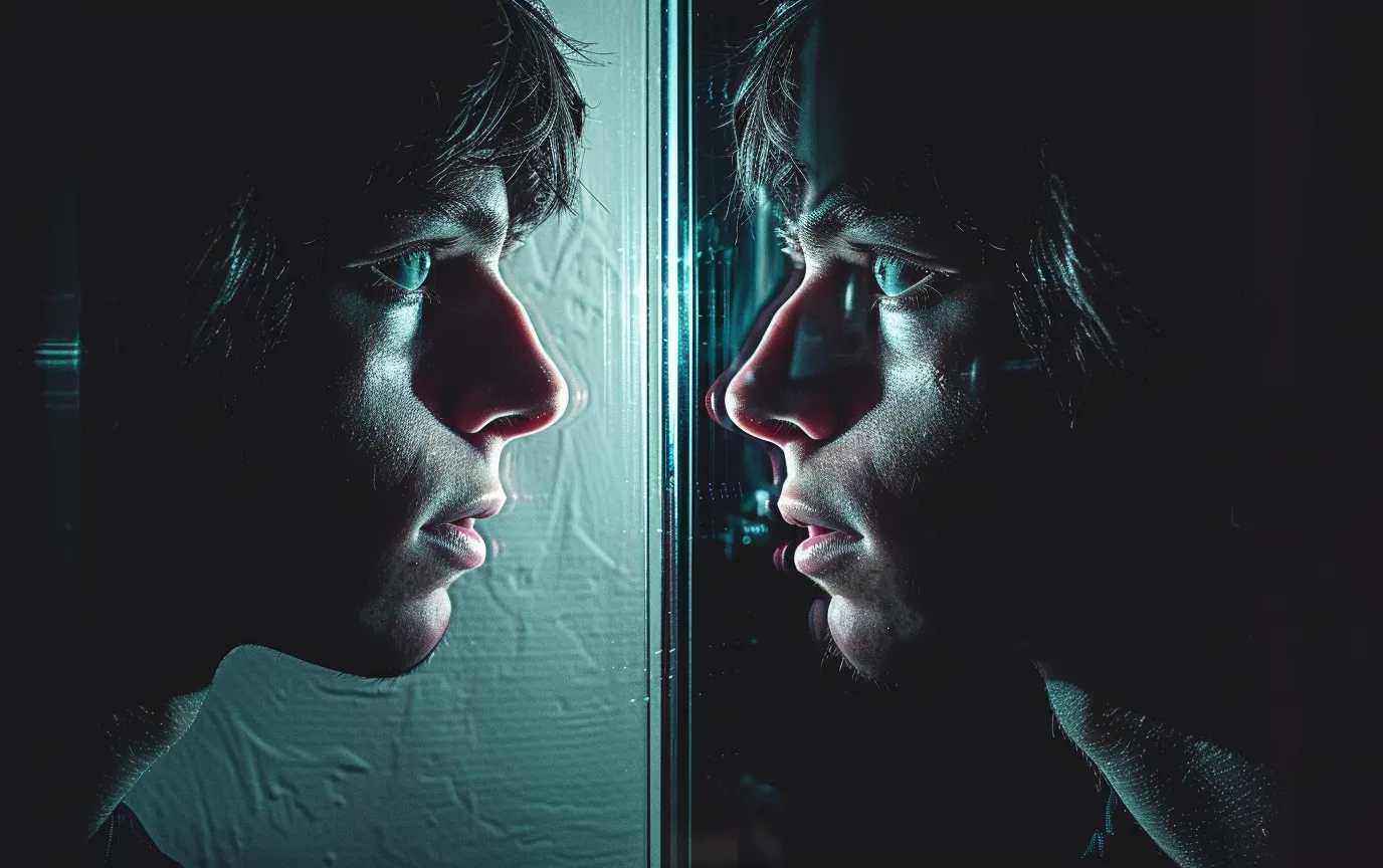 man stares distorted mirror reflection