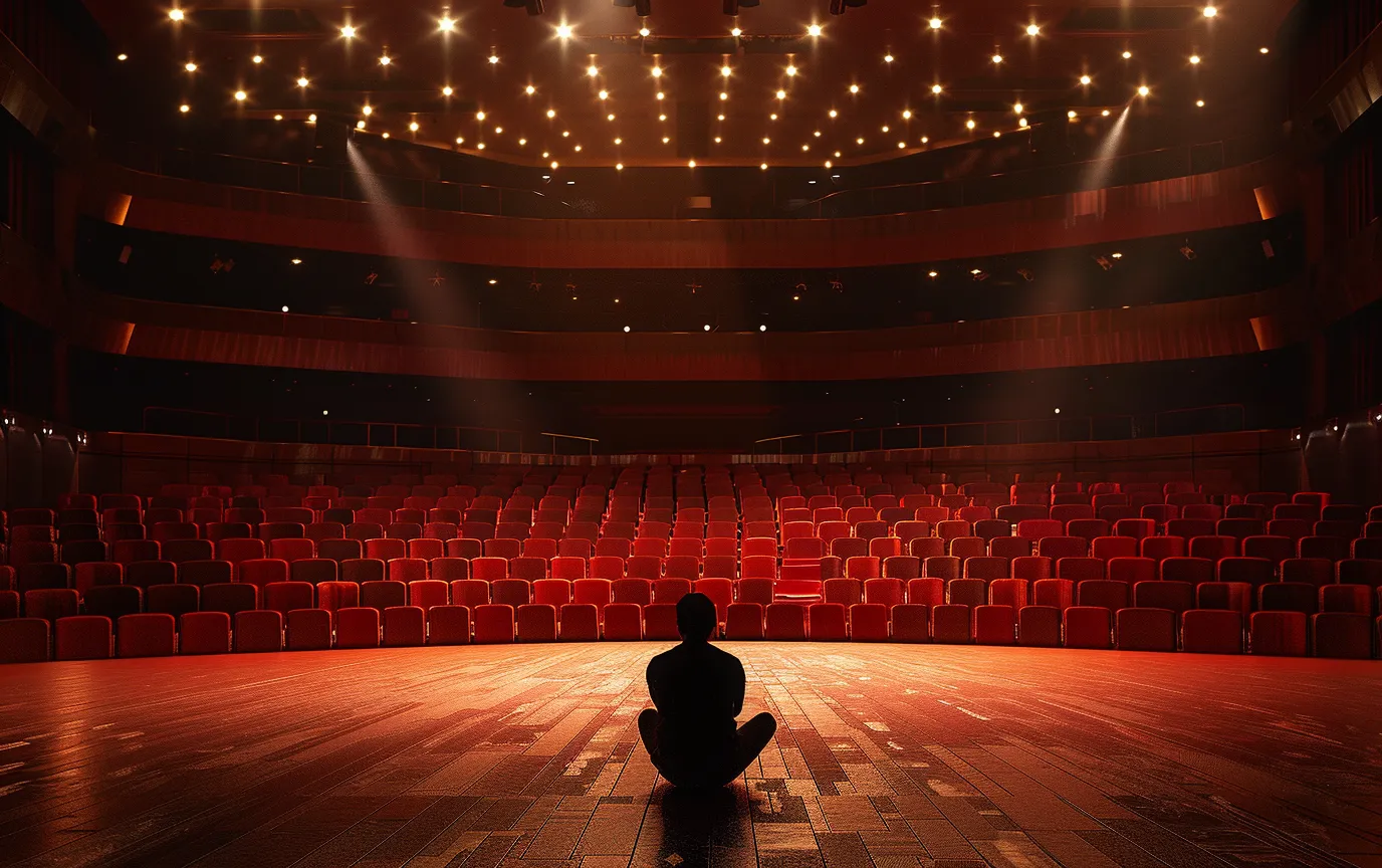 person on stage empty threater spotlights