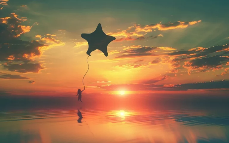 serene sunset person releasing star shaped balloon