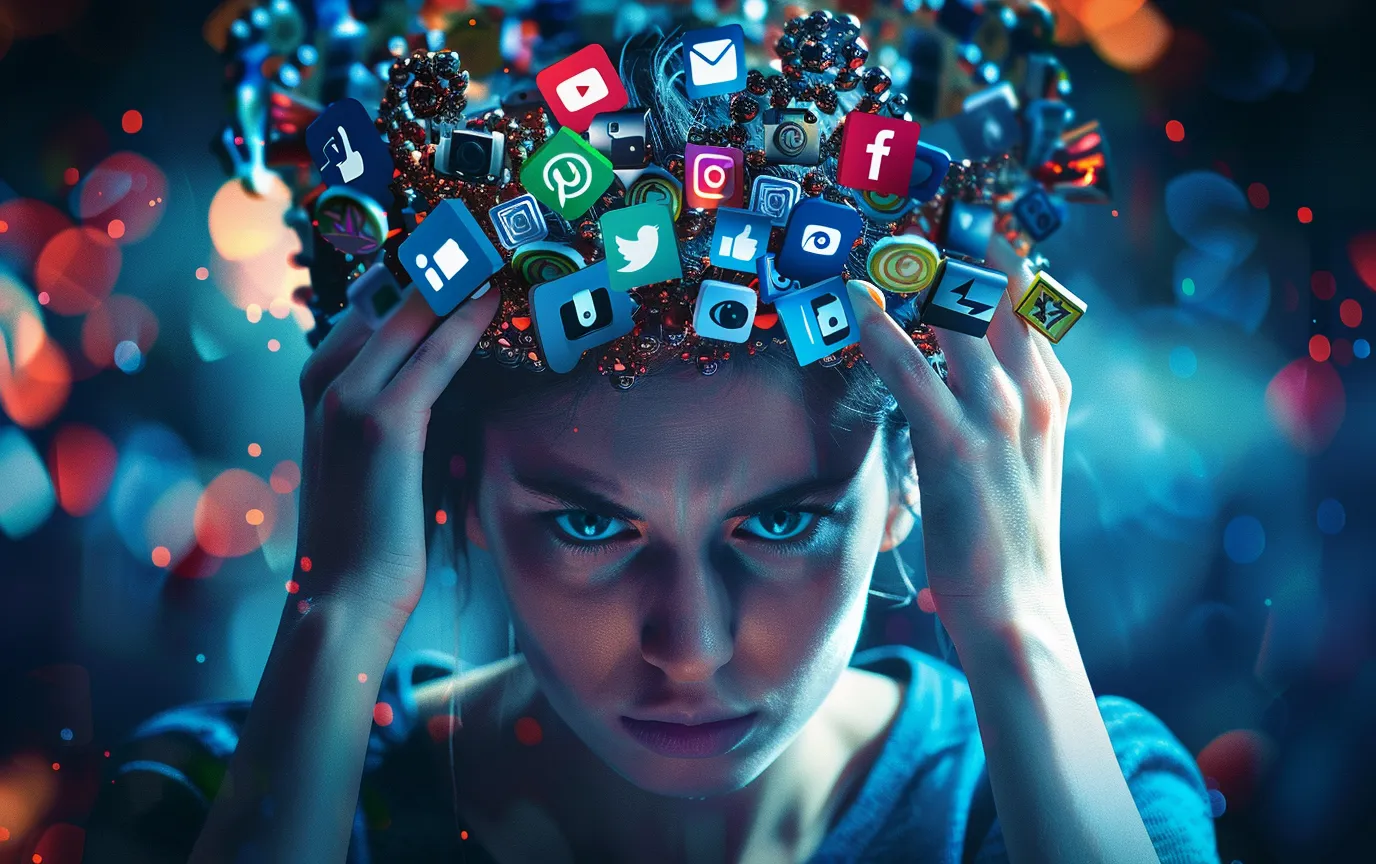 woman brain overwhelmed by social media icons