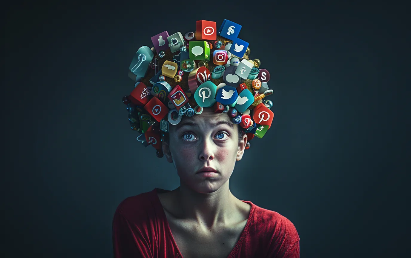 woman head is surrounded by social media icons