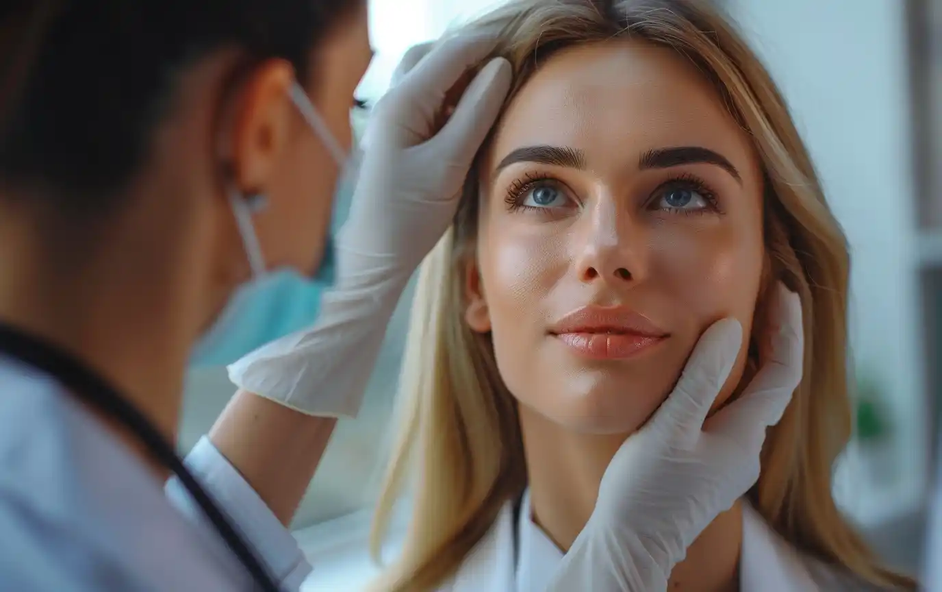 dermatologist inspects woman face skin