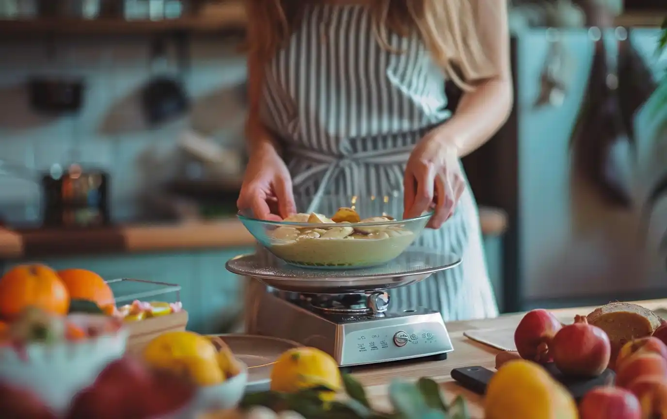 woman weighing food counting calories kitchen scale