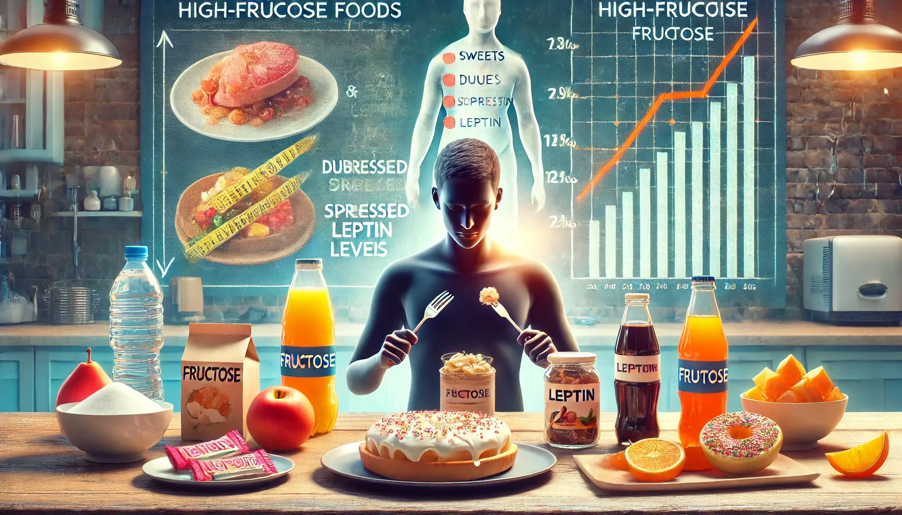 A realistic image depicting the risk of overeating due to fructose consumption