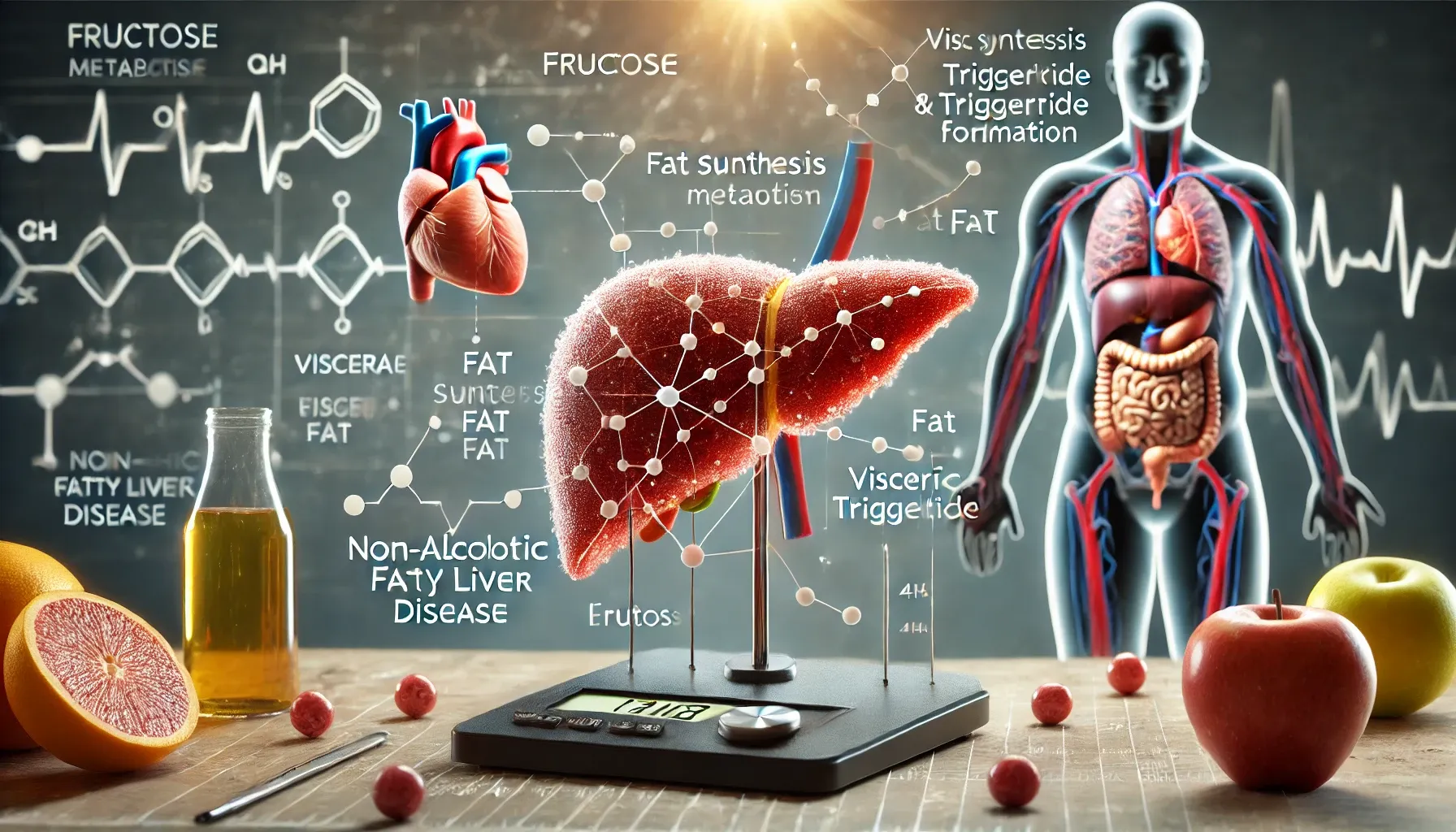 A realistic image illustrating the metabolic effects of fructose on the body