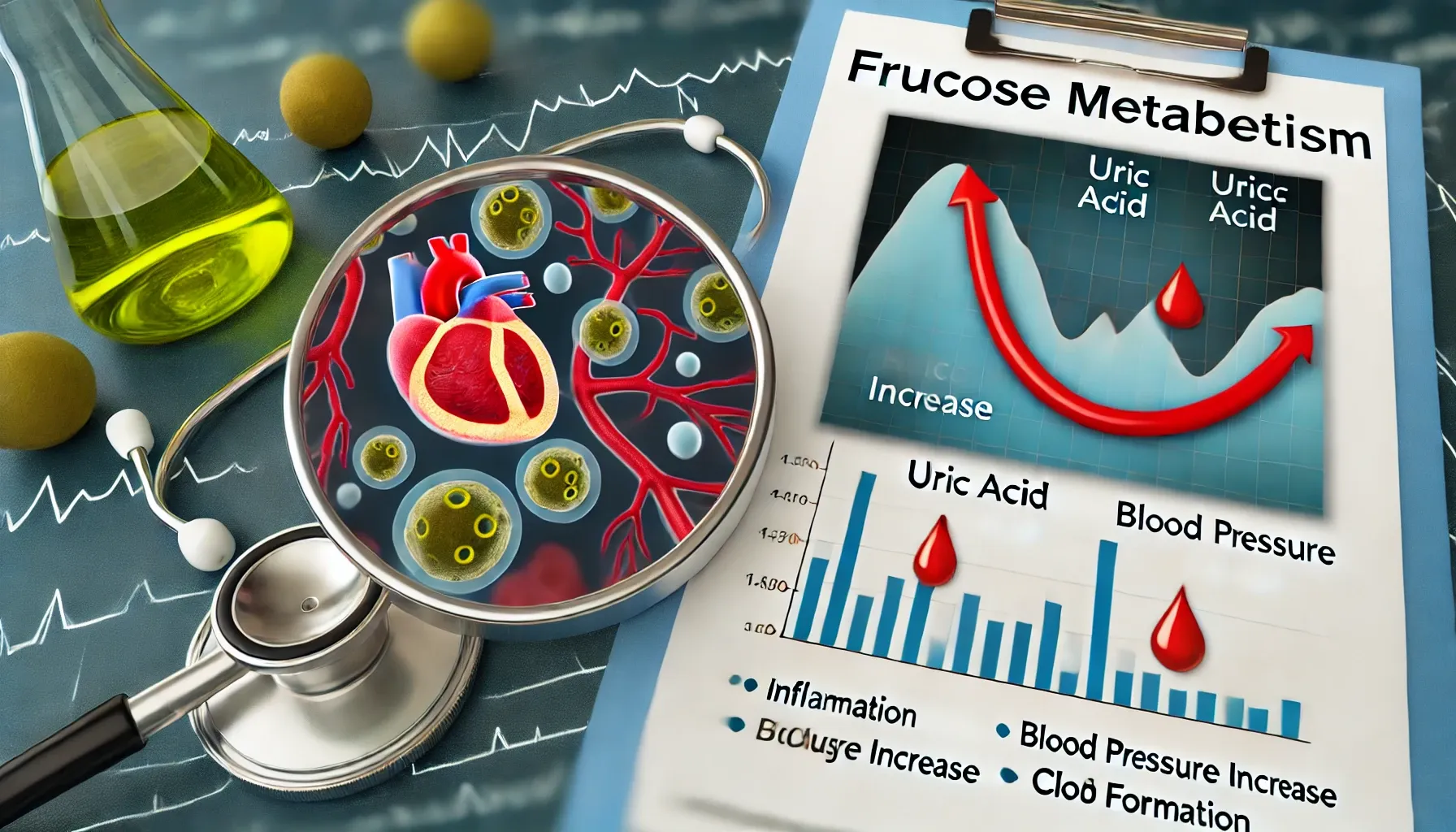 A realistic image illustrating the side effects of fructose metabolism