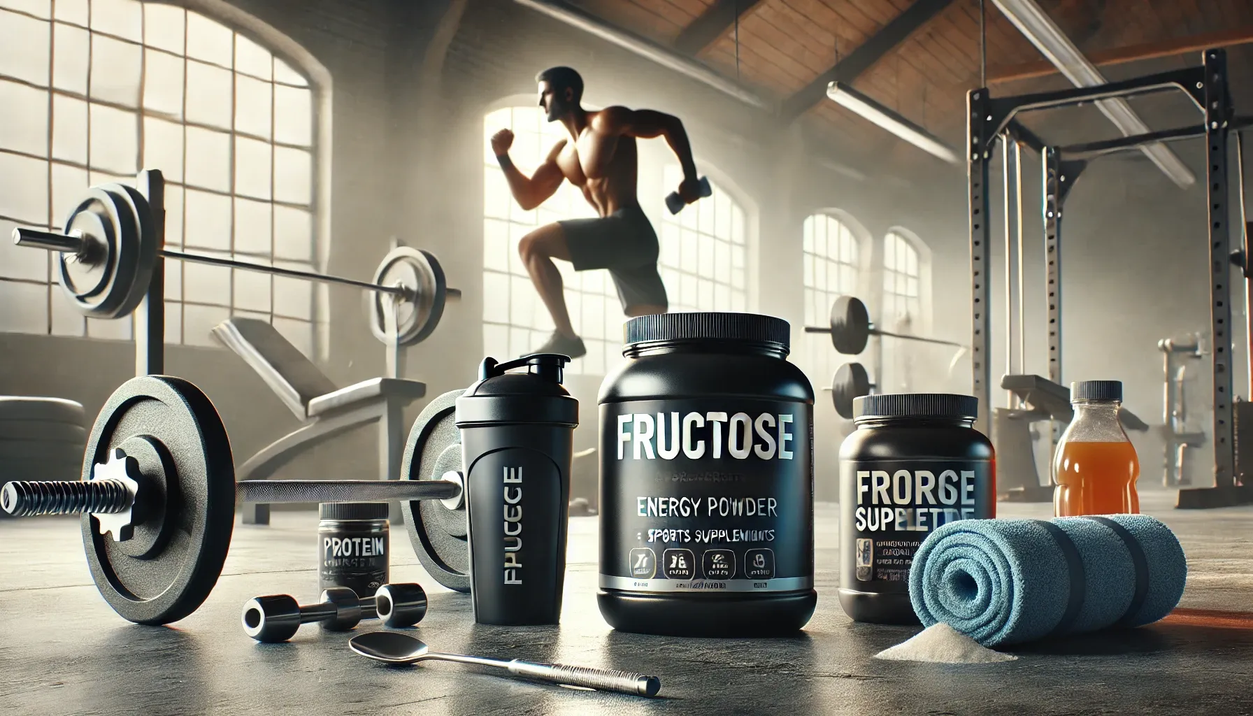 A realistic scene of a gym or workout setting with sports supplements containing fructose