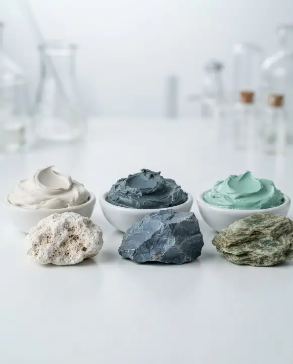 Various types of therapeutic clay (white kaolin, blue clay, and green clay) with mineral samples in a laboratory setting
