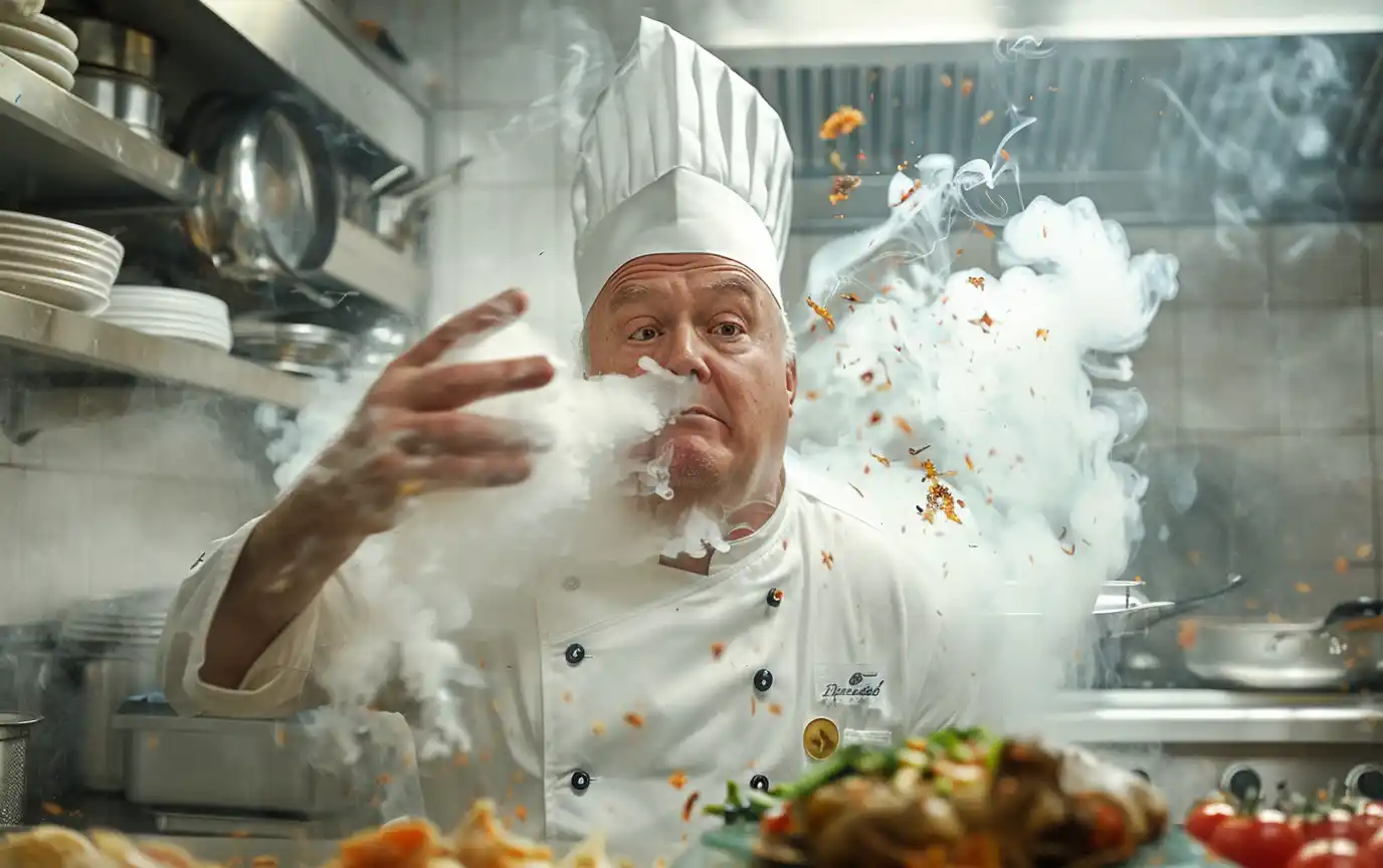 French chef smelling food restaurant dromov