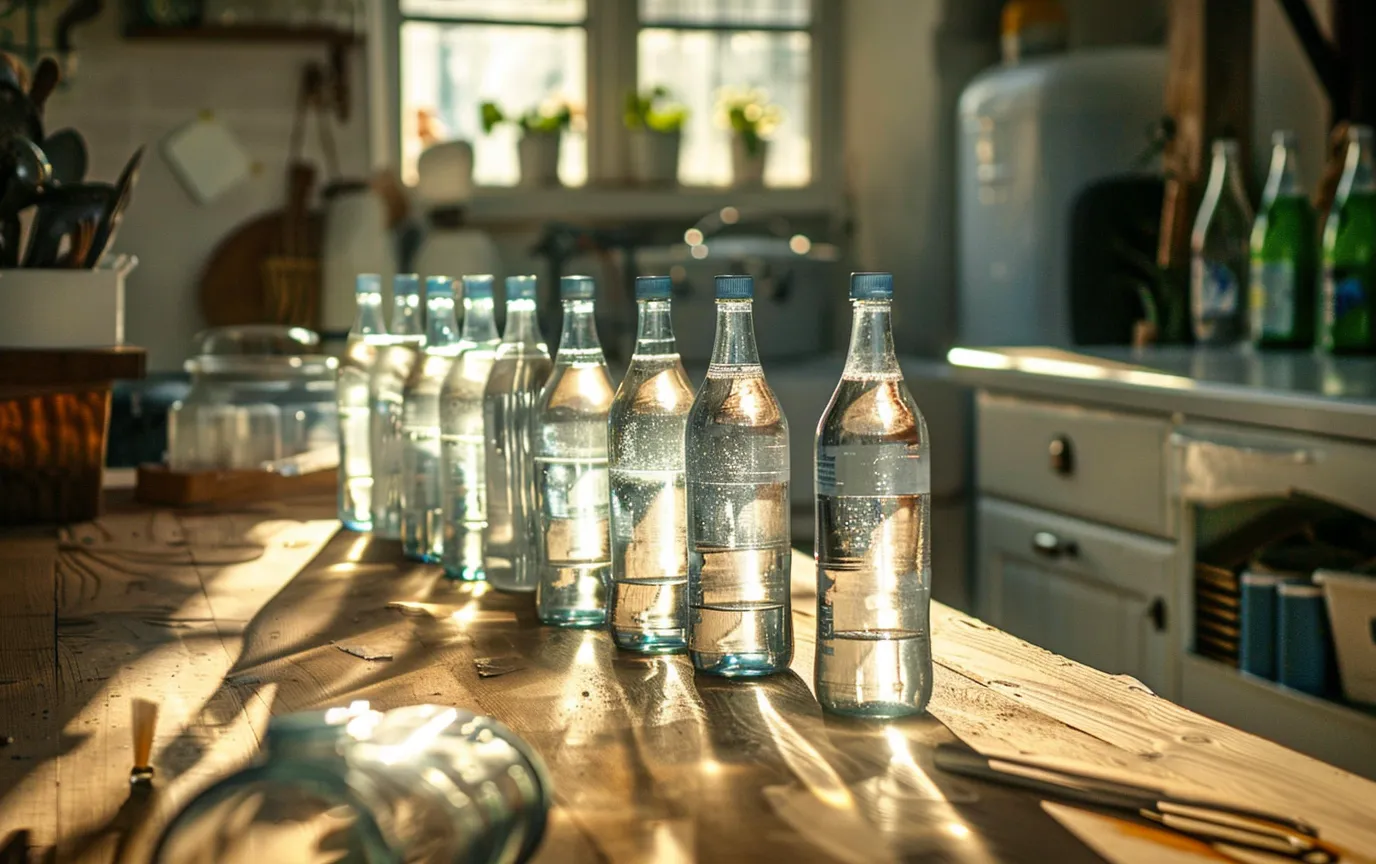 alkaline mineral water bottles on kitchen table