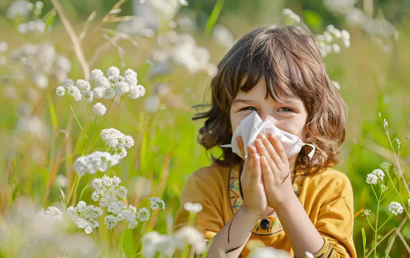 child suffering allergies pollen field