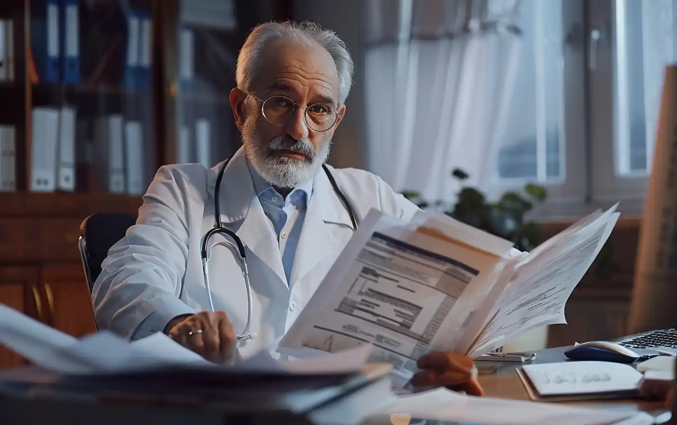 doctor reading explaining study results heart disease