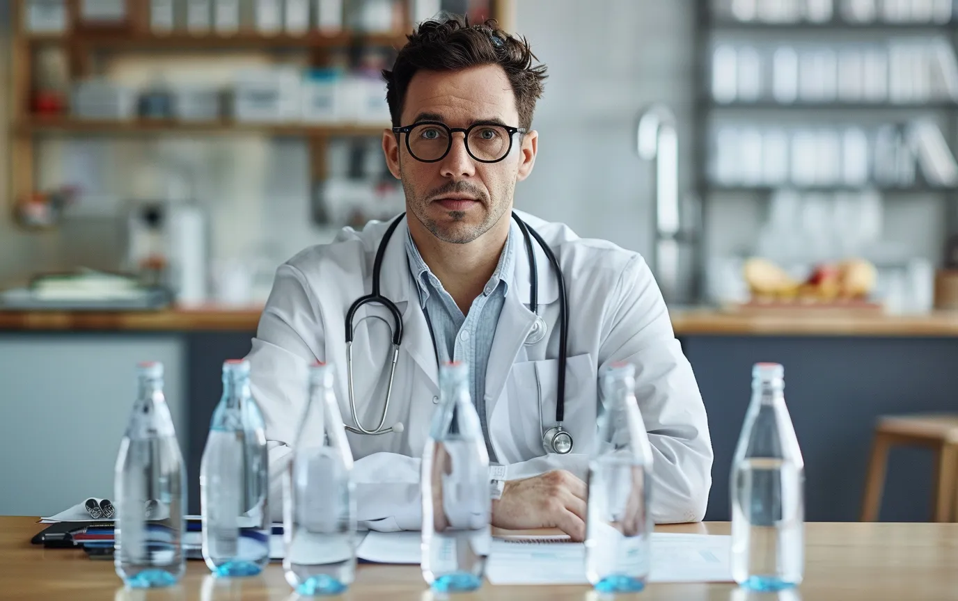 doctor sitting table bottles alkaline mineral water