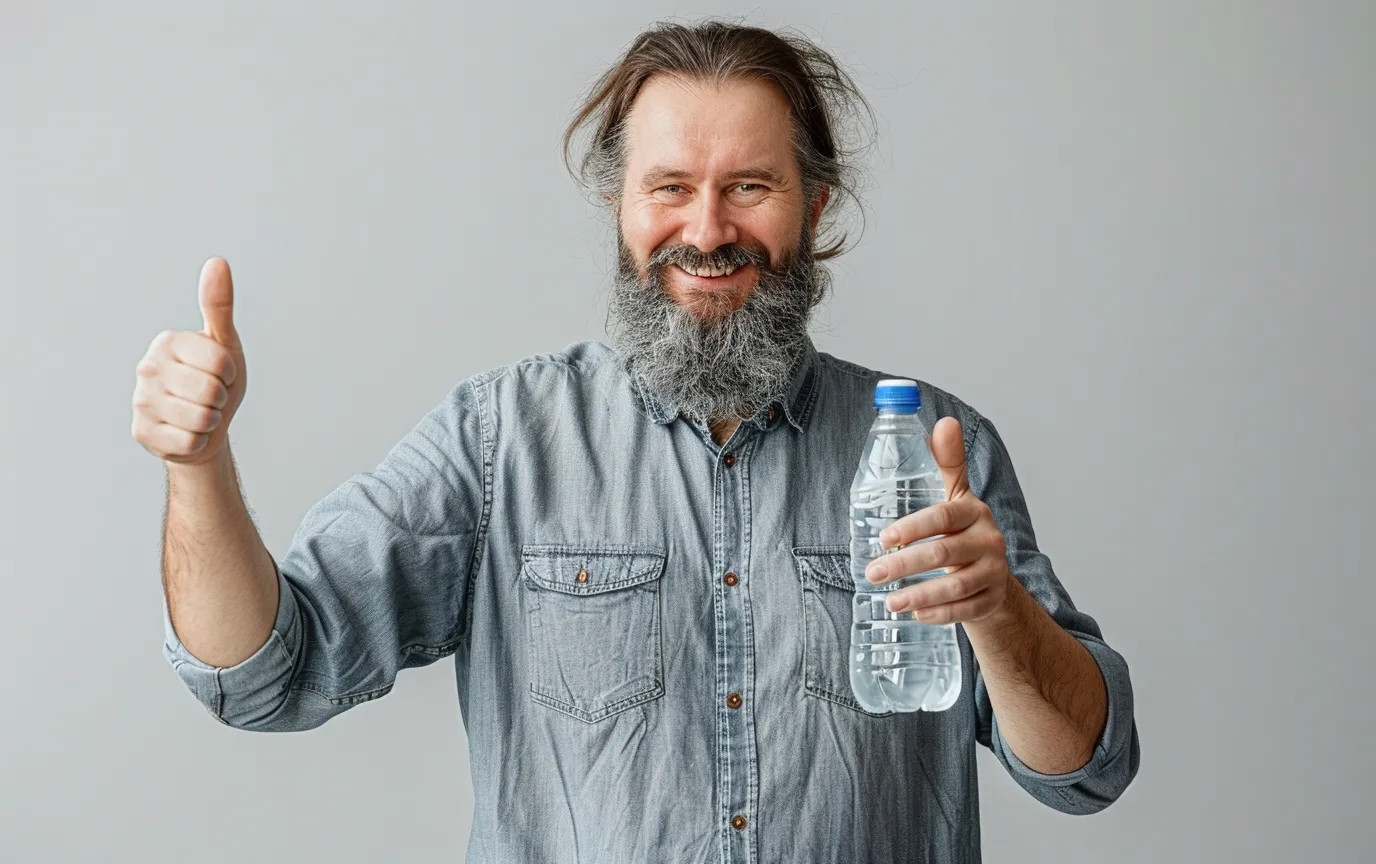 enthusiatic man holding bottle alkaline mineral water