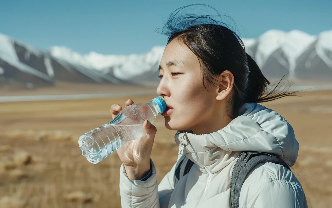 kazakh woman drinking alkaline mineral water while hiking