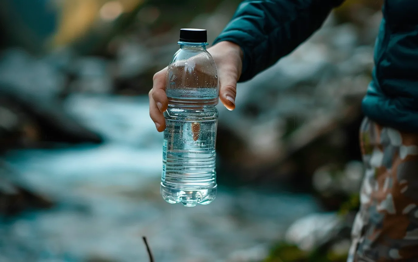 man holding bottle alkaline mineral water forest