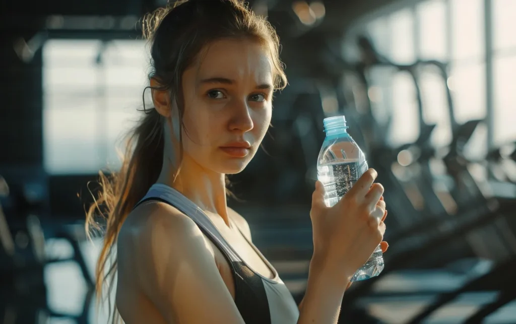 woman sport hall gym holding alkaline mineral water bottle