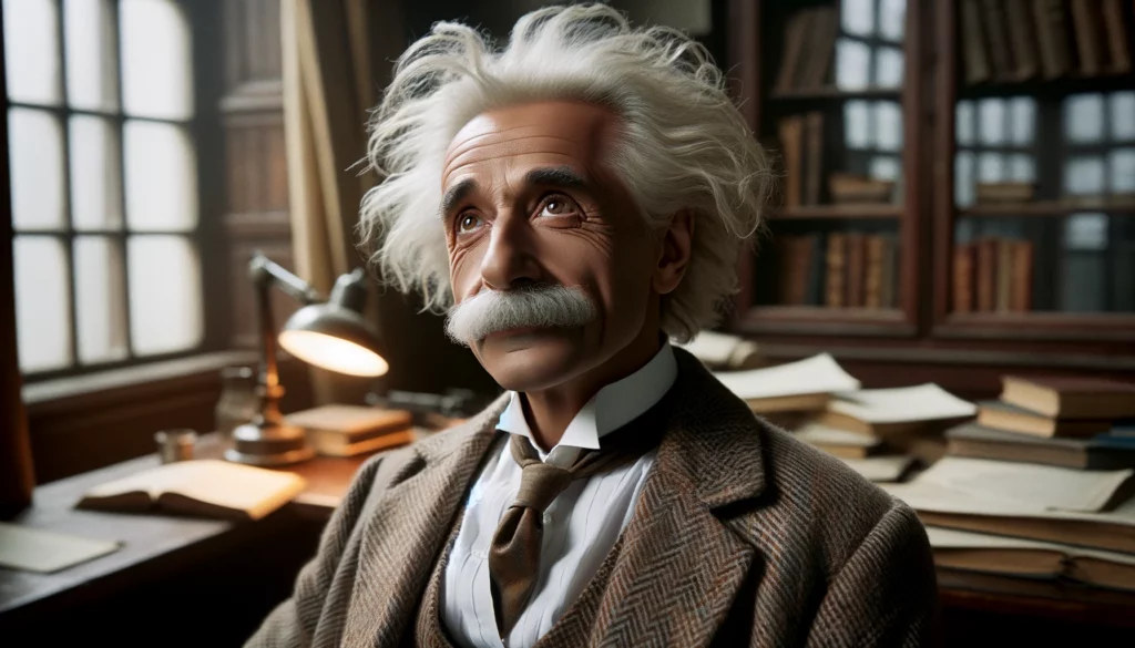 A man resembling Albert Einstein in appearance, with distinctive wild, white hair