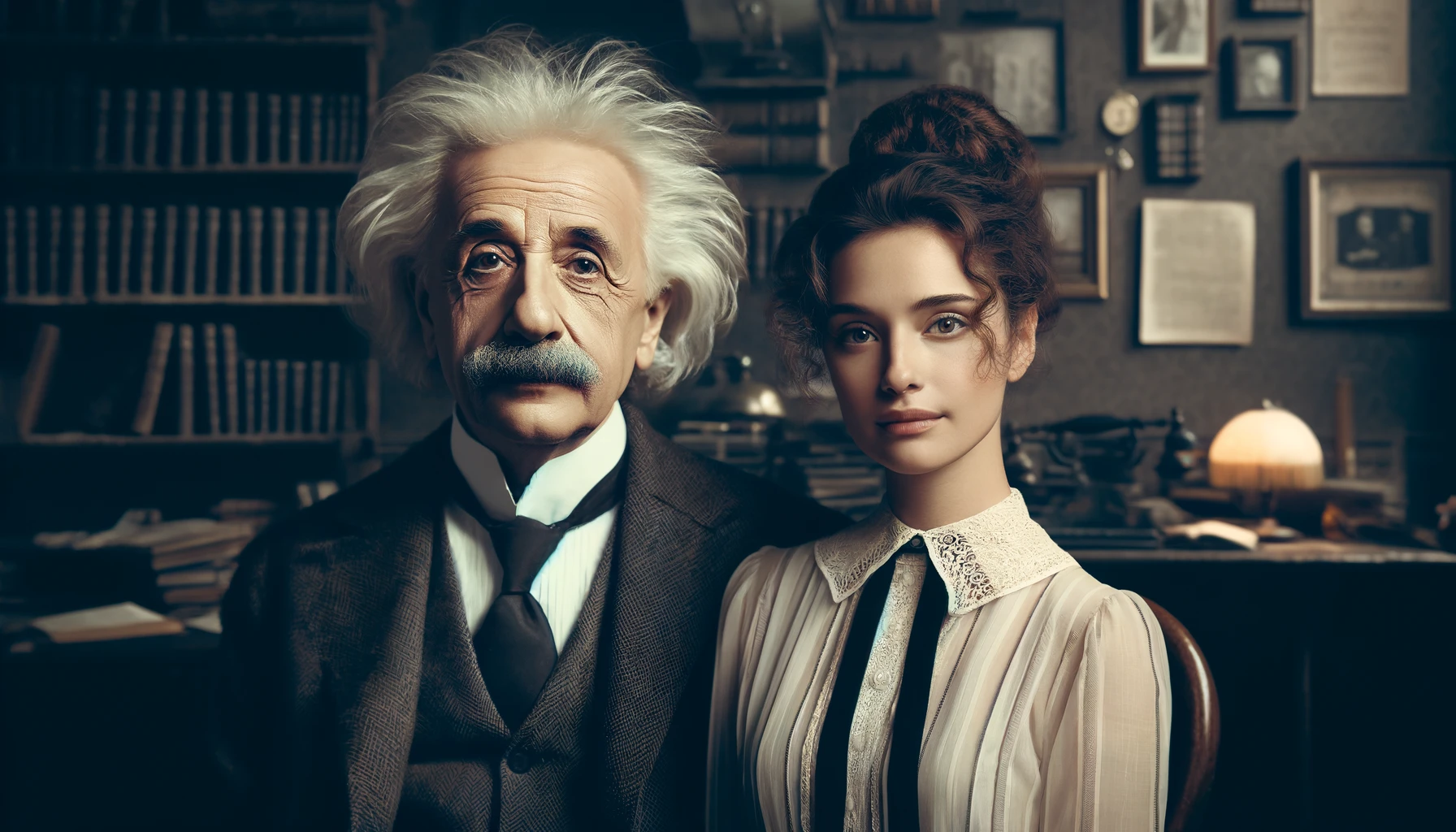 A man resembling Albert Einstein with wife
