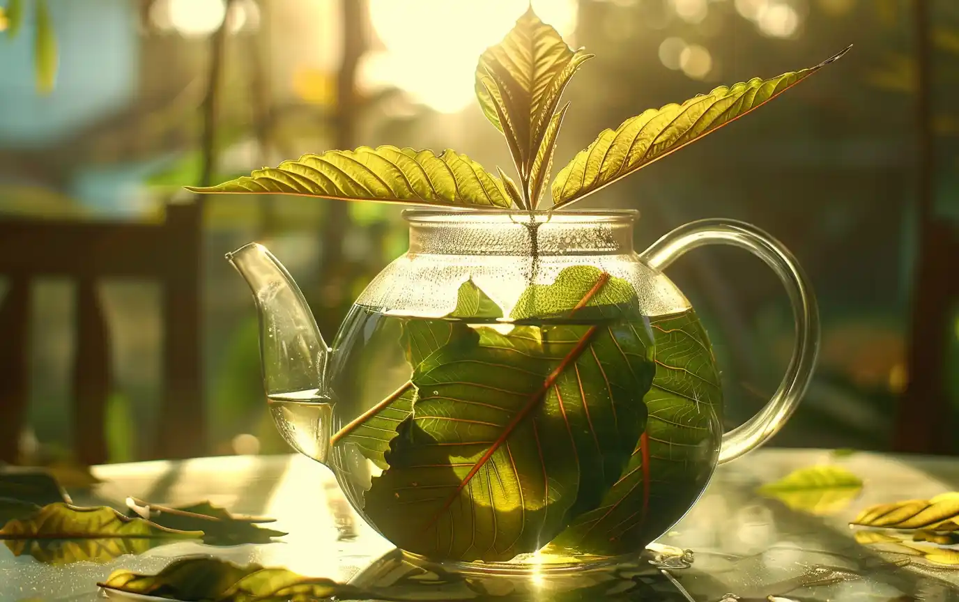 Kratom leaves floating clear glass teapot 