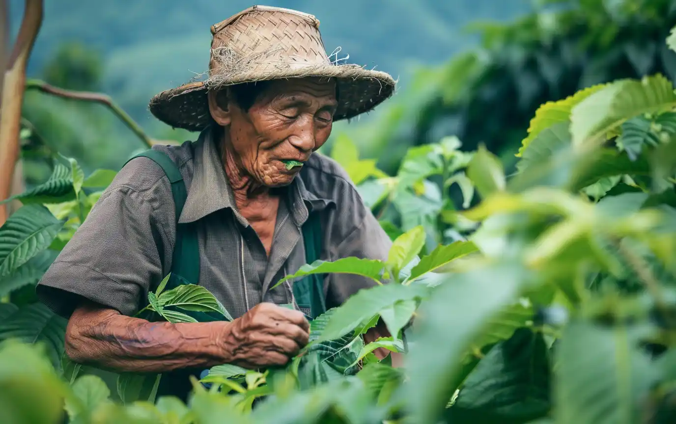 farmer chewing kratom leaves while working 