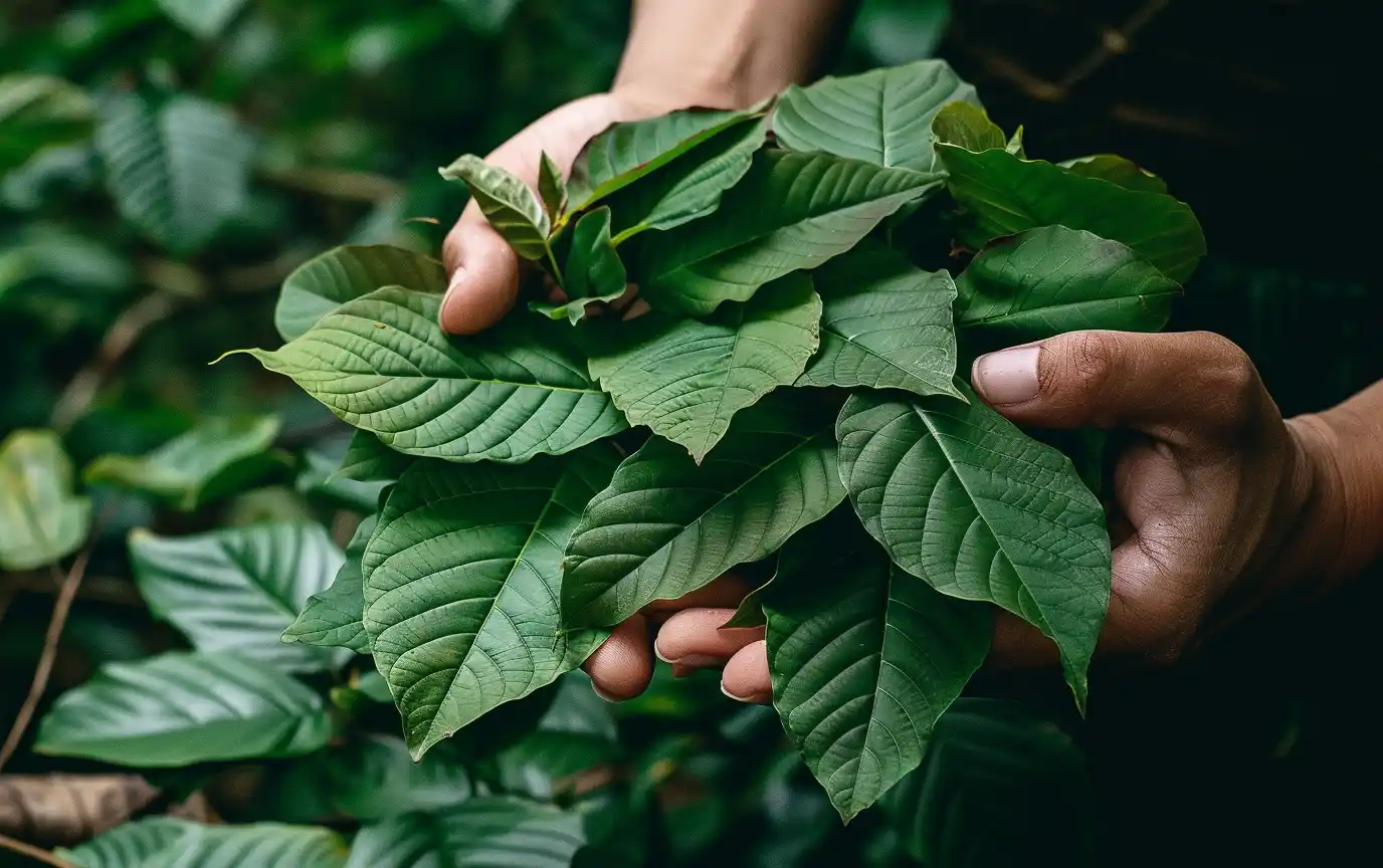 person holding handful fresh kratom leaves