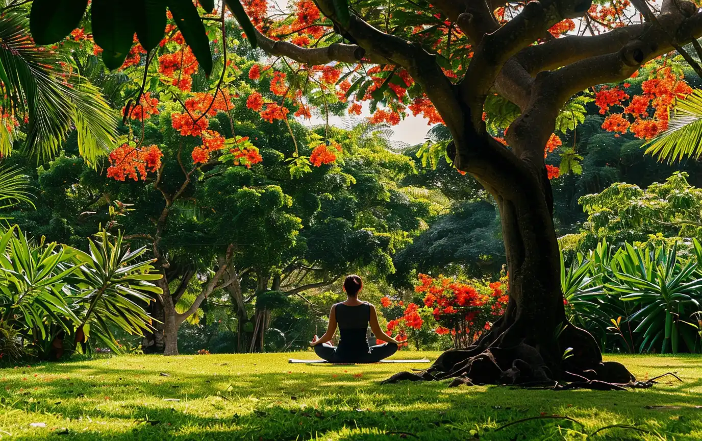 person practicing yoga serene garden kratom