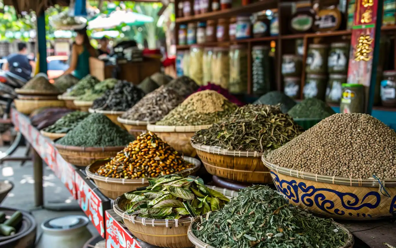 traditional Southeast Asian market stall displaying spices kratom