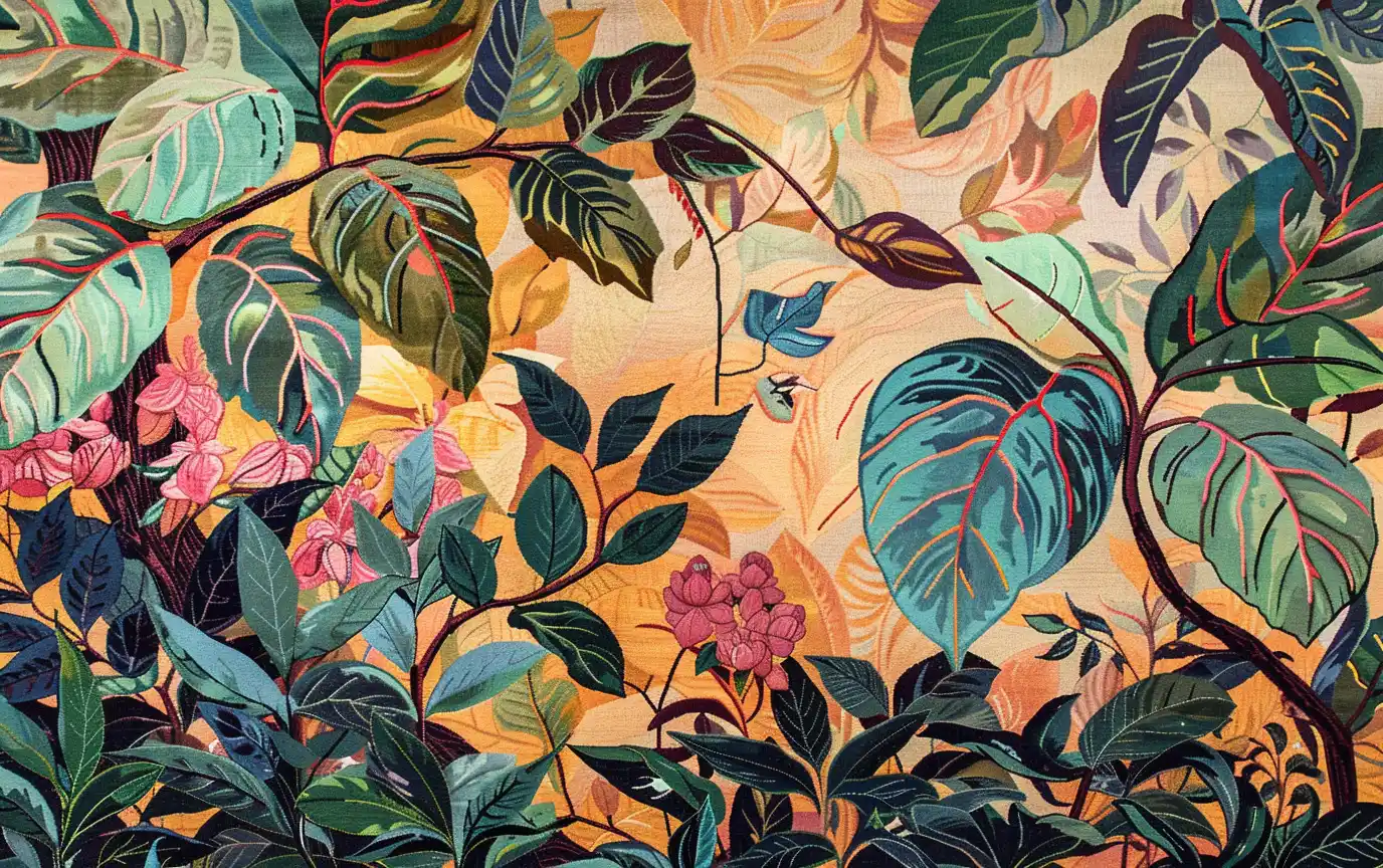 traditional Southeast Asian tapestry depicting kratom leave 