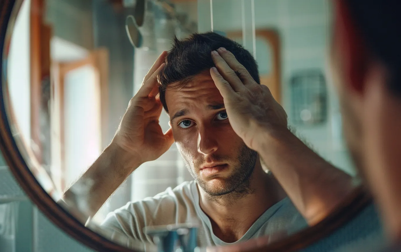 man checking skin in mirror