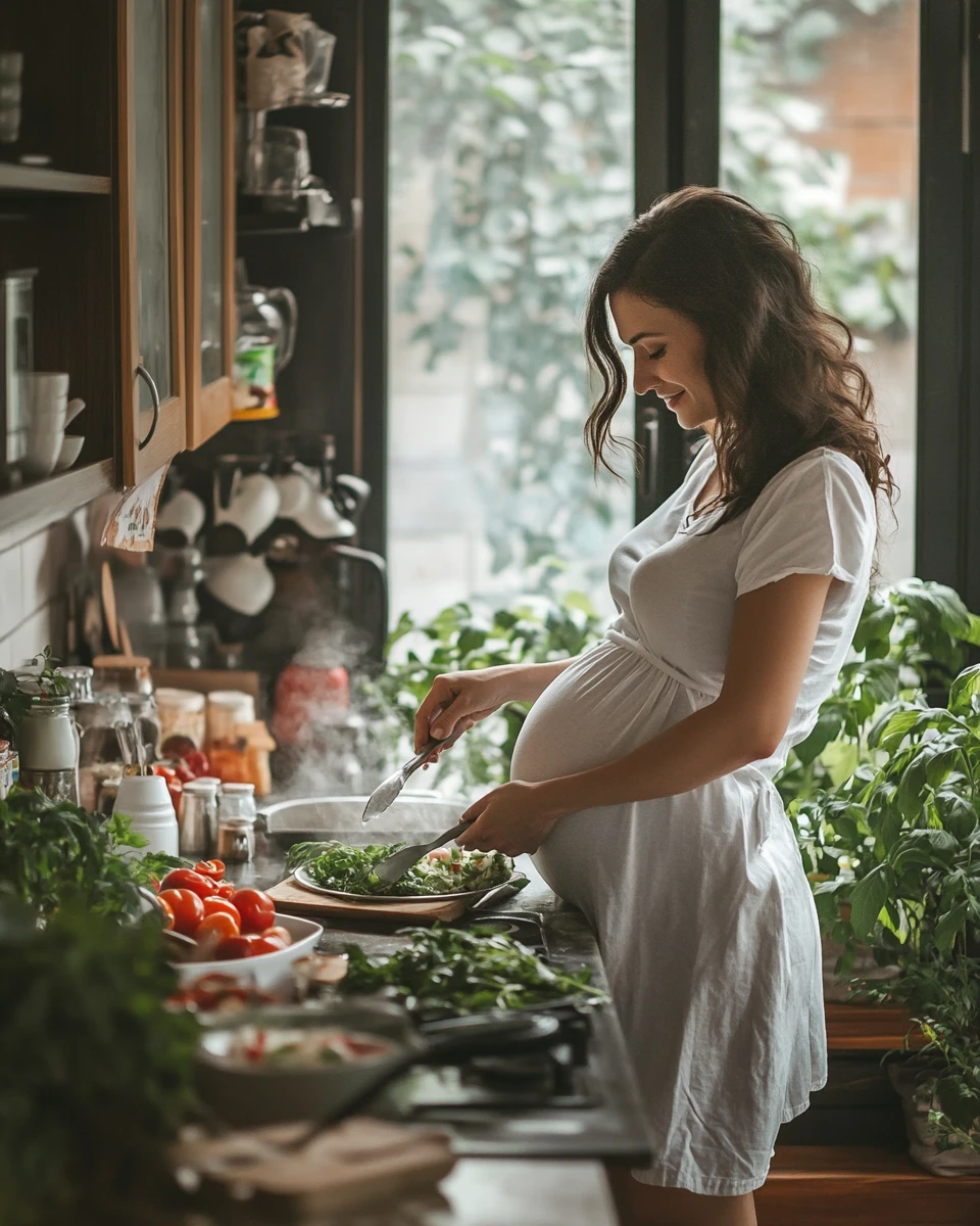 Беременная женщина готовит кушать