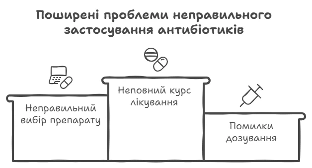 Схема поширених проблем неправильного використання антибіотиків