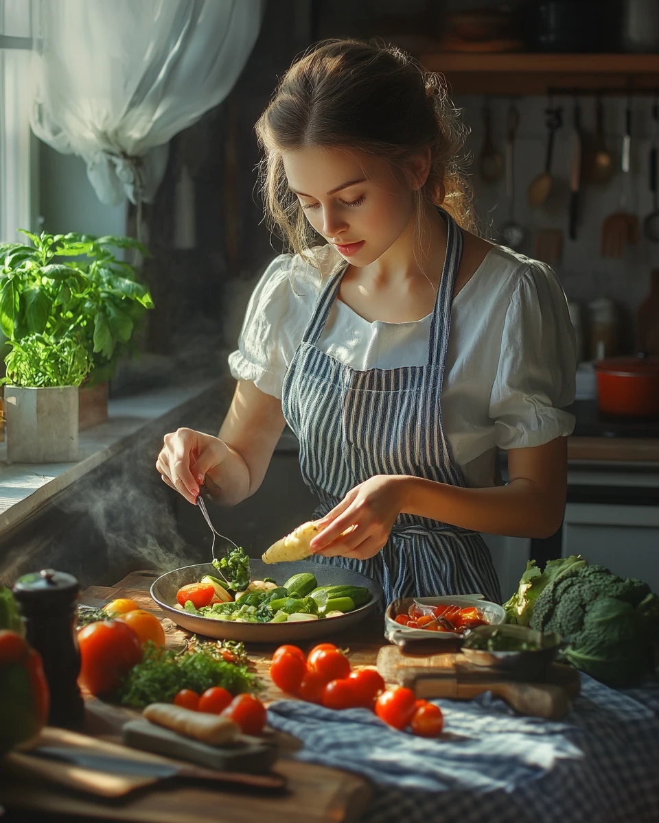 The girl cooks healthy food