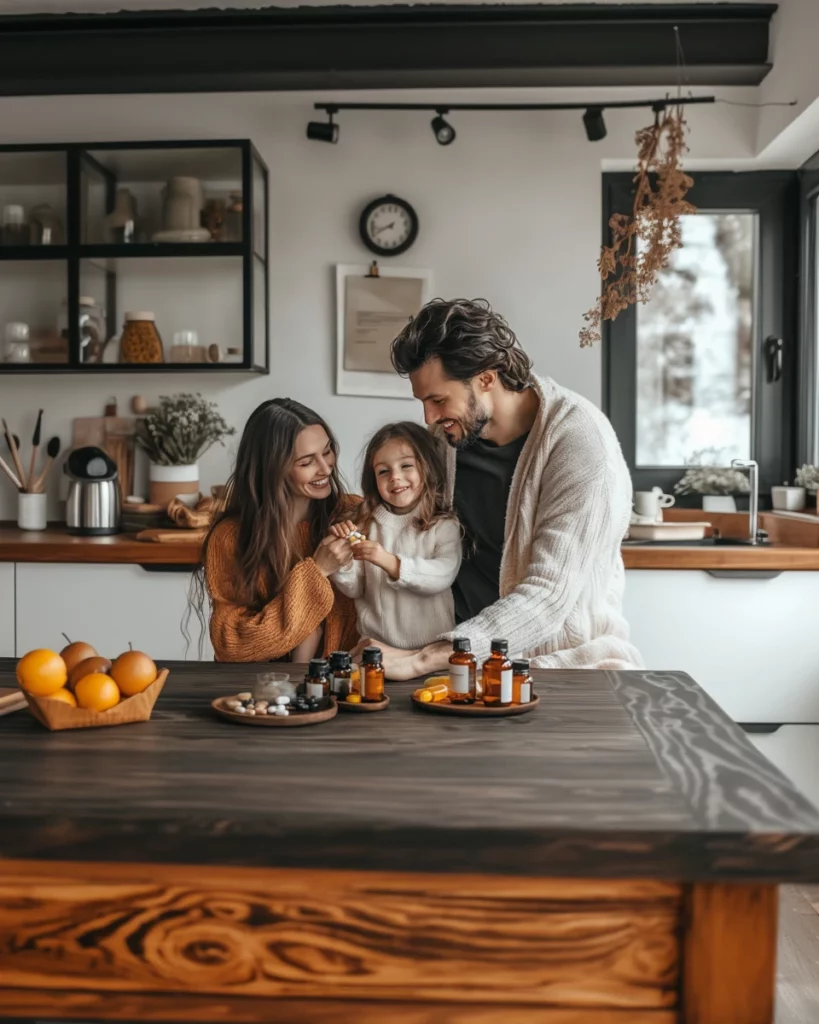 Happy family taking personalized vitamins