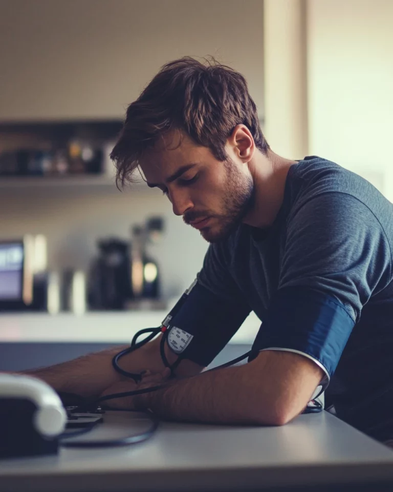 A young man takes his blood pressure at home