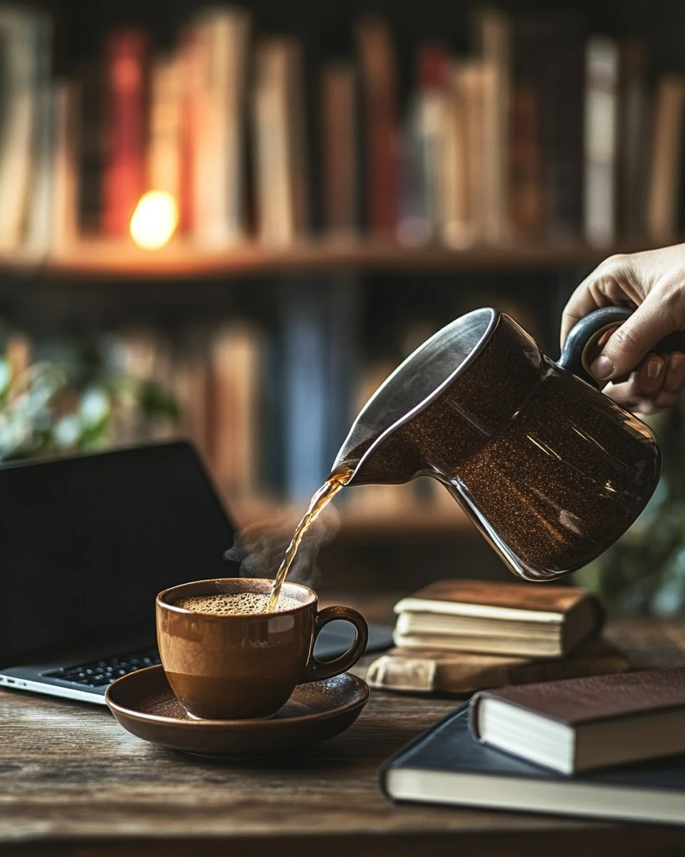 Coffee is poured into a cup