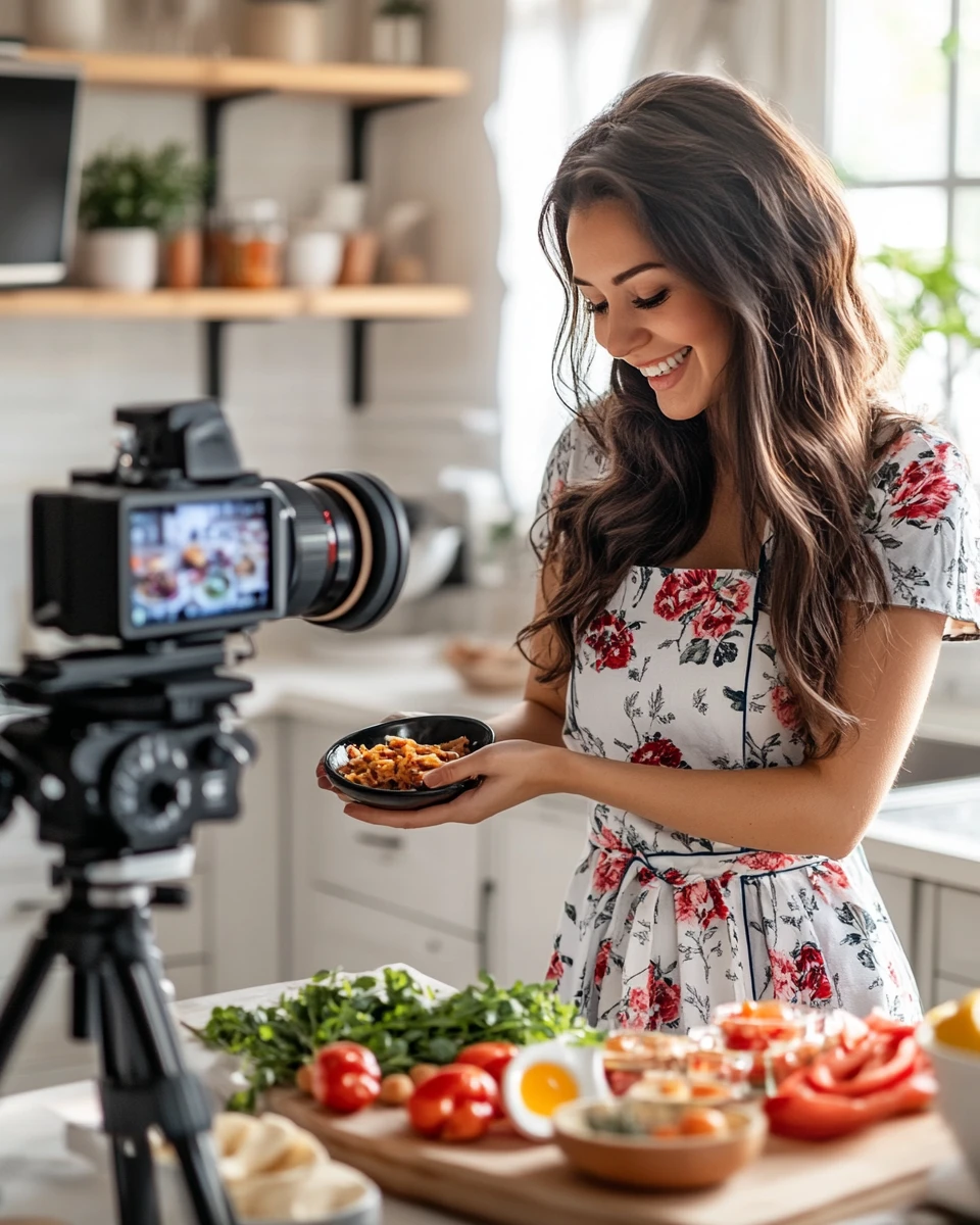 The girl is filming a cooking show