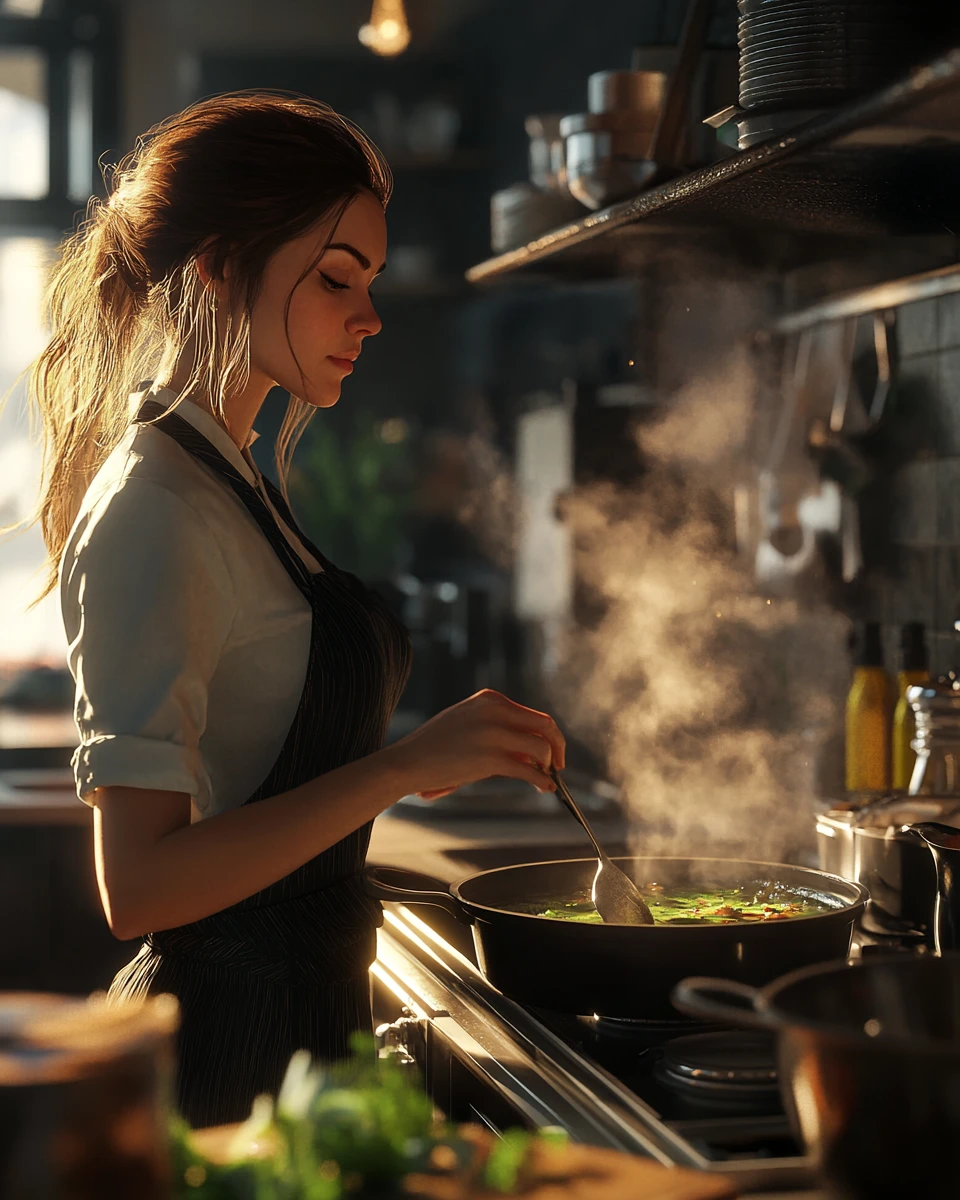 A young girl is cooking