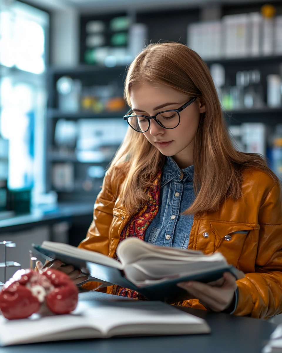 A girl reading a book about liver