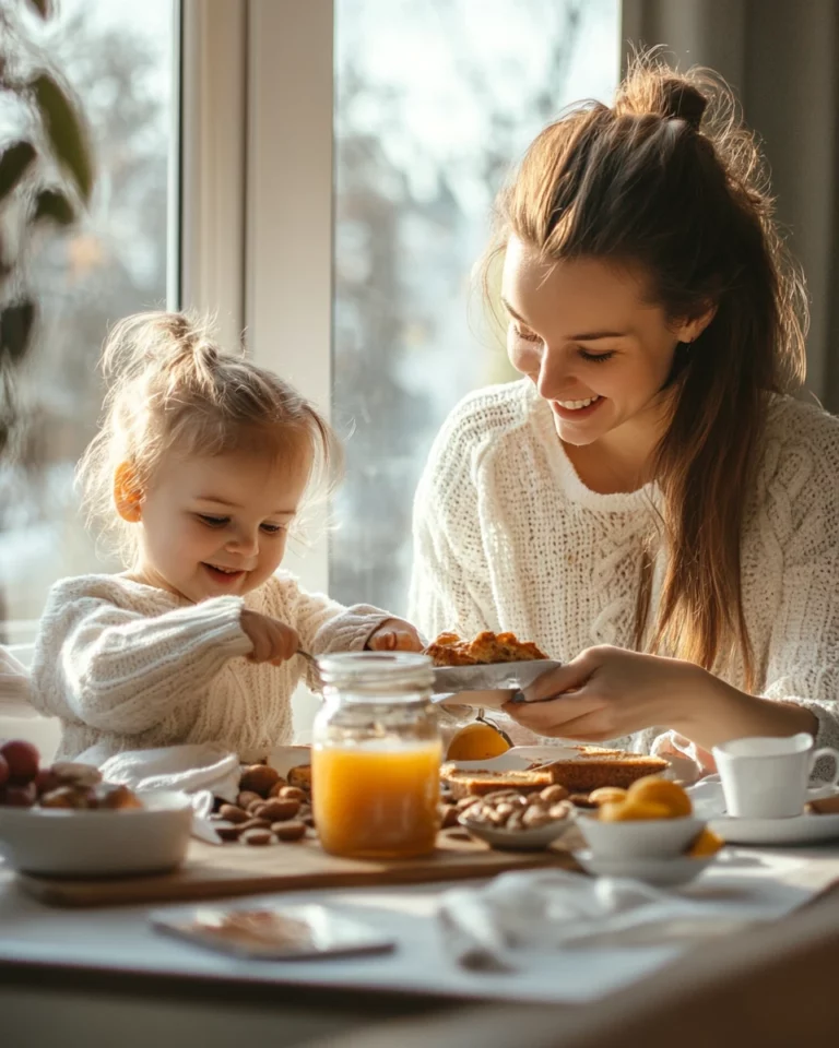 A young mother having breakfast with her child