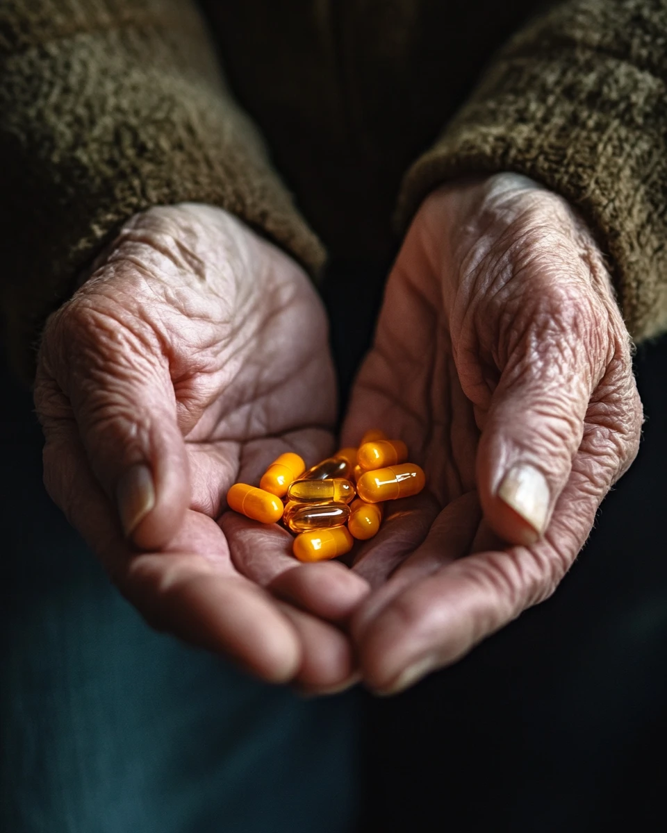 An elderly woman holding choline capsules