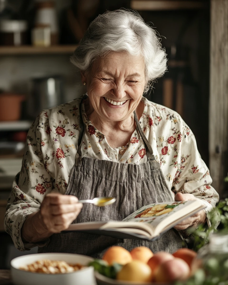 An elderly woman studies and cooks according to the recipe