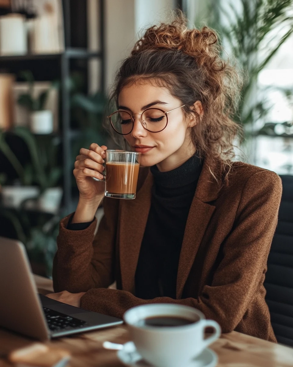 Young girl drinking coffee at the workplace