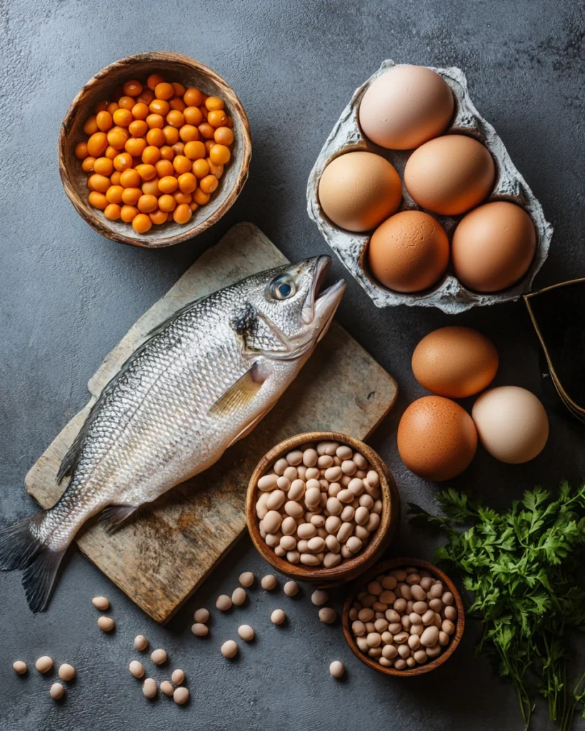 Photo of fresh eggs fish and legumes on a table