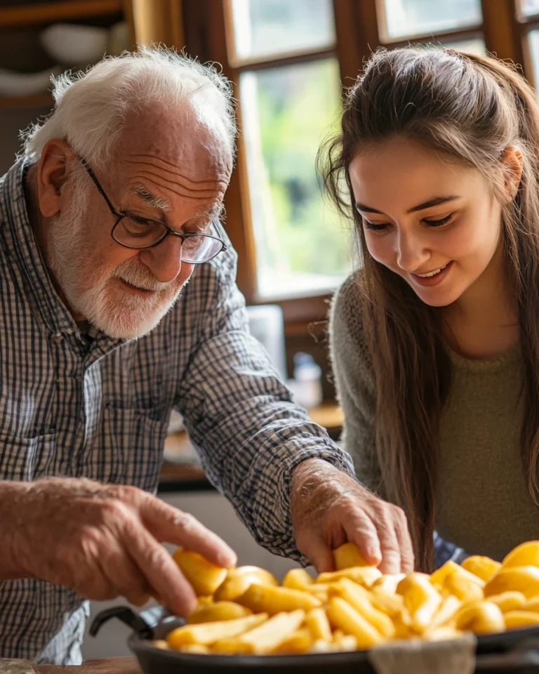 An elderly man and a young girl eating potatoes