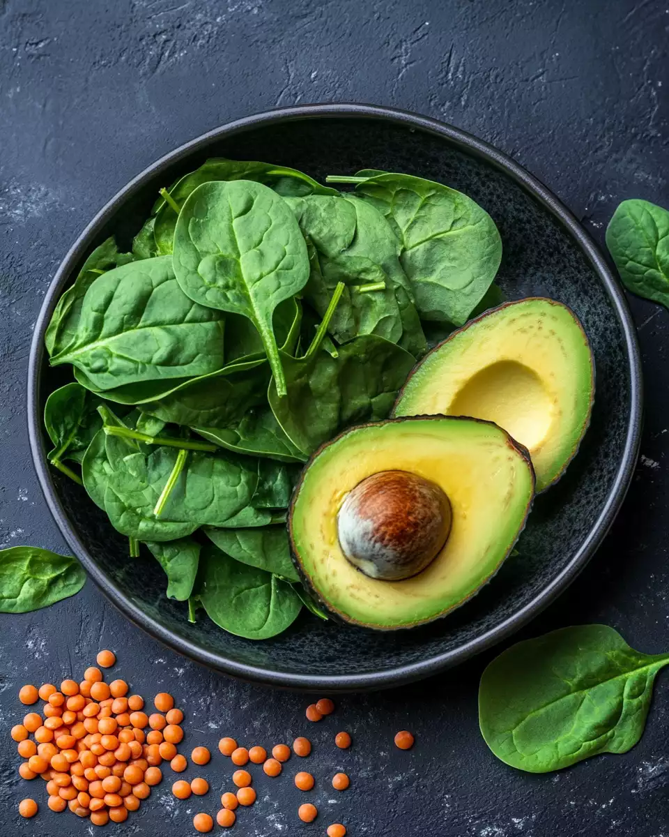 A plate with spinach avocado and lentils