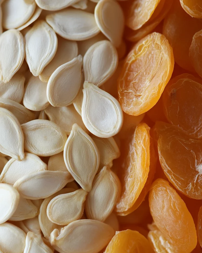 Close-up of apricot kernels and pumpkin seeds